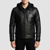 Men's Black Hooded Leather Biker Jacket — Berden