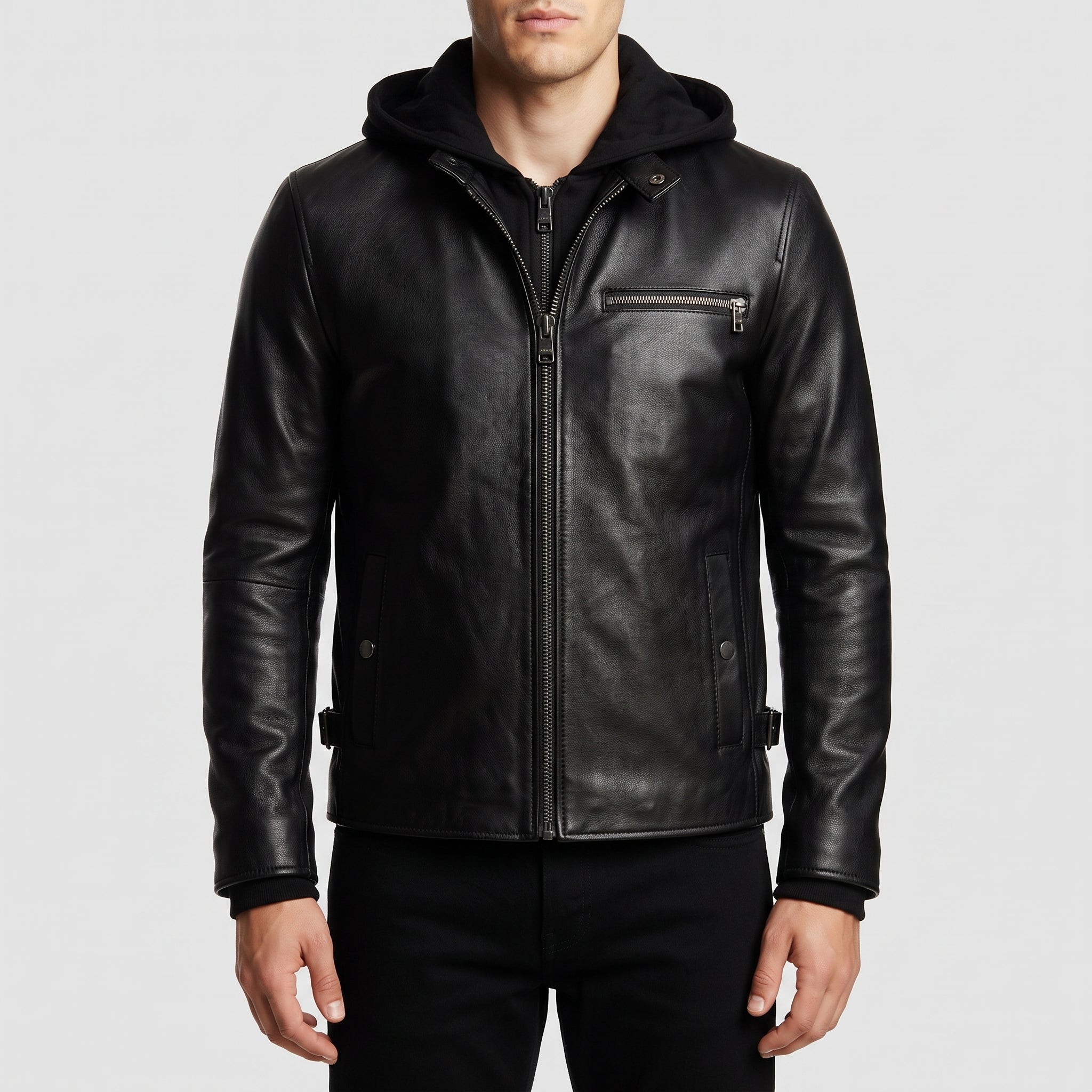 Men's Black Hooded Leather Biker Jacket — Berden
