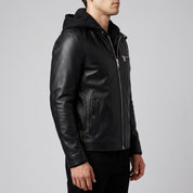 Men's Black Hooded Leather Biker Jacket — Berden