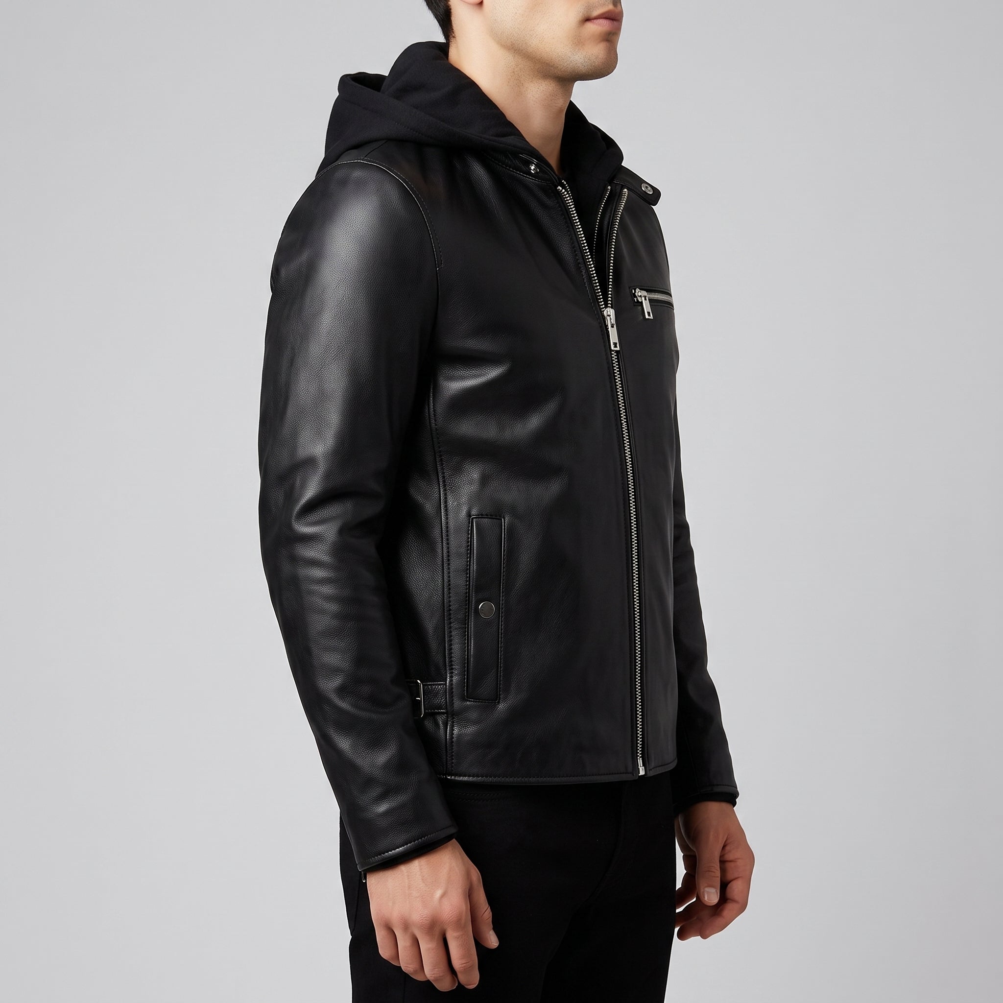 Men's Black Hooded Leather Biker Jacket — Berden