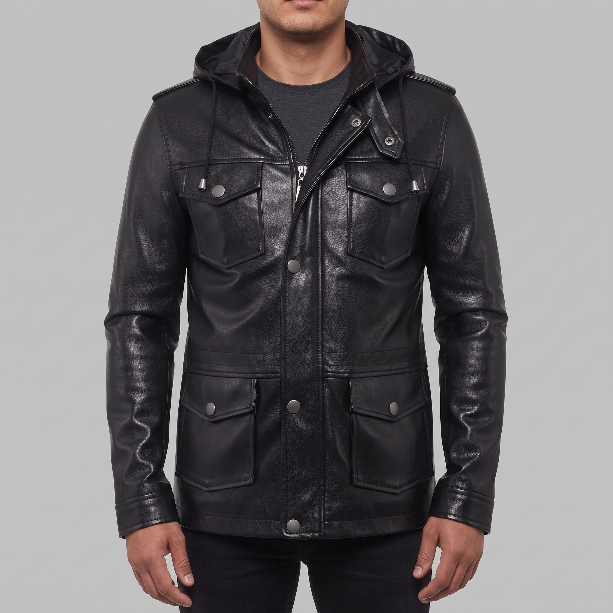 Men's Black Hooded Leather Biker Jacket — Cranshaw
