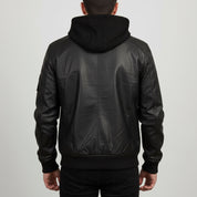 Men's Black Hooded Leather Bomber Jacket — Farrow