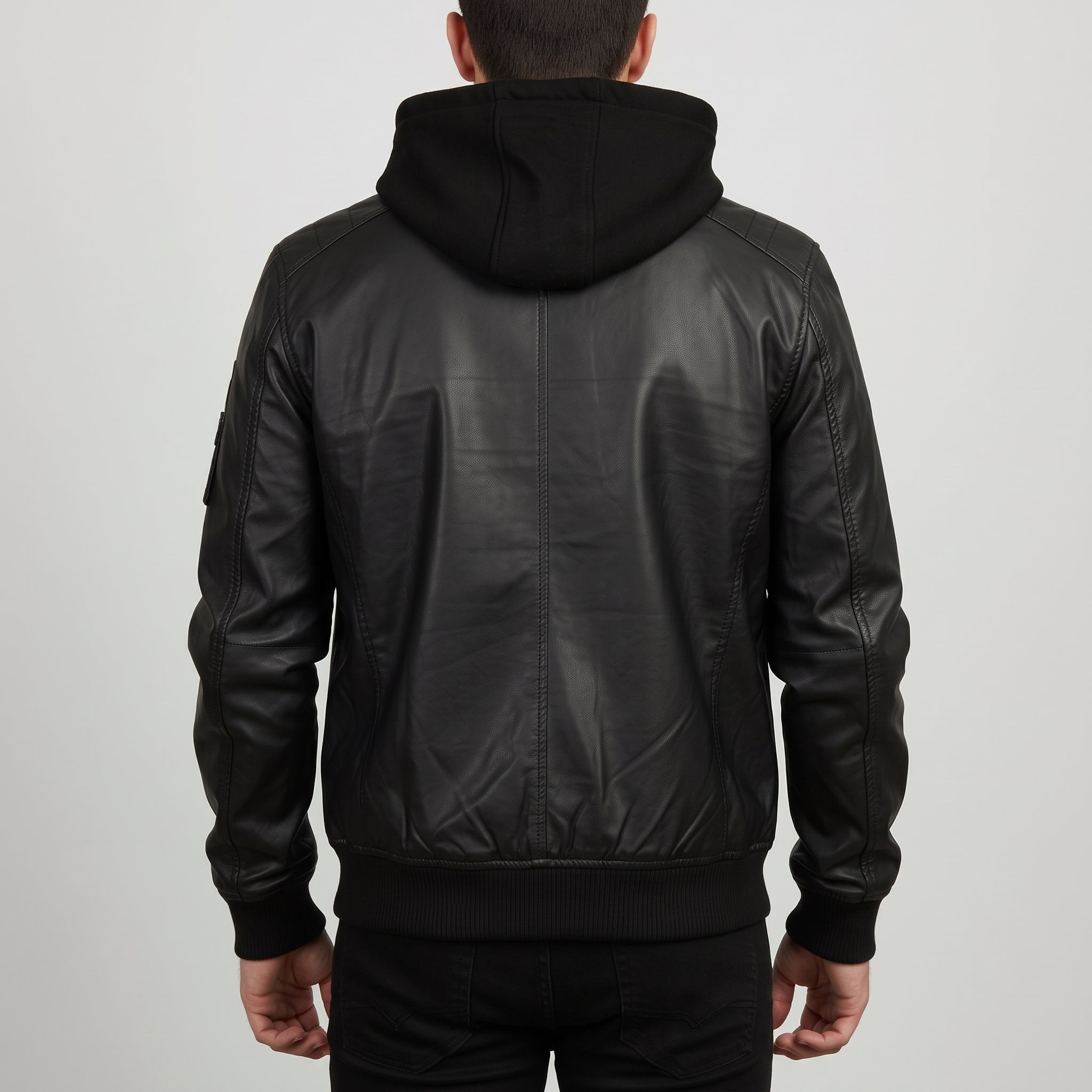 Men's Black Hooded Leather Bomber Jacket — Farrow