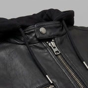 Men's Black Hooded Leather Bomber Jacket — Farrow
