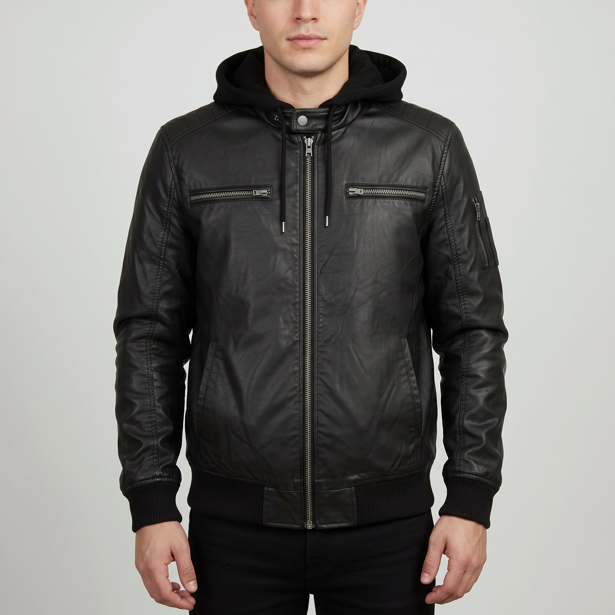 Men's Black Hooded Leather Bomber Jacket — Farrow
