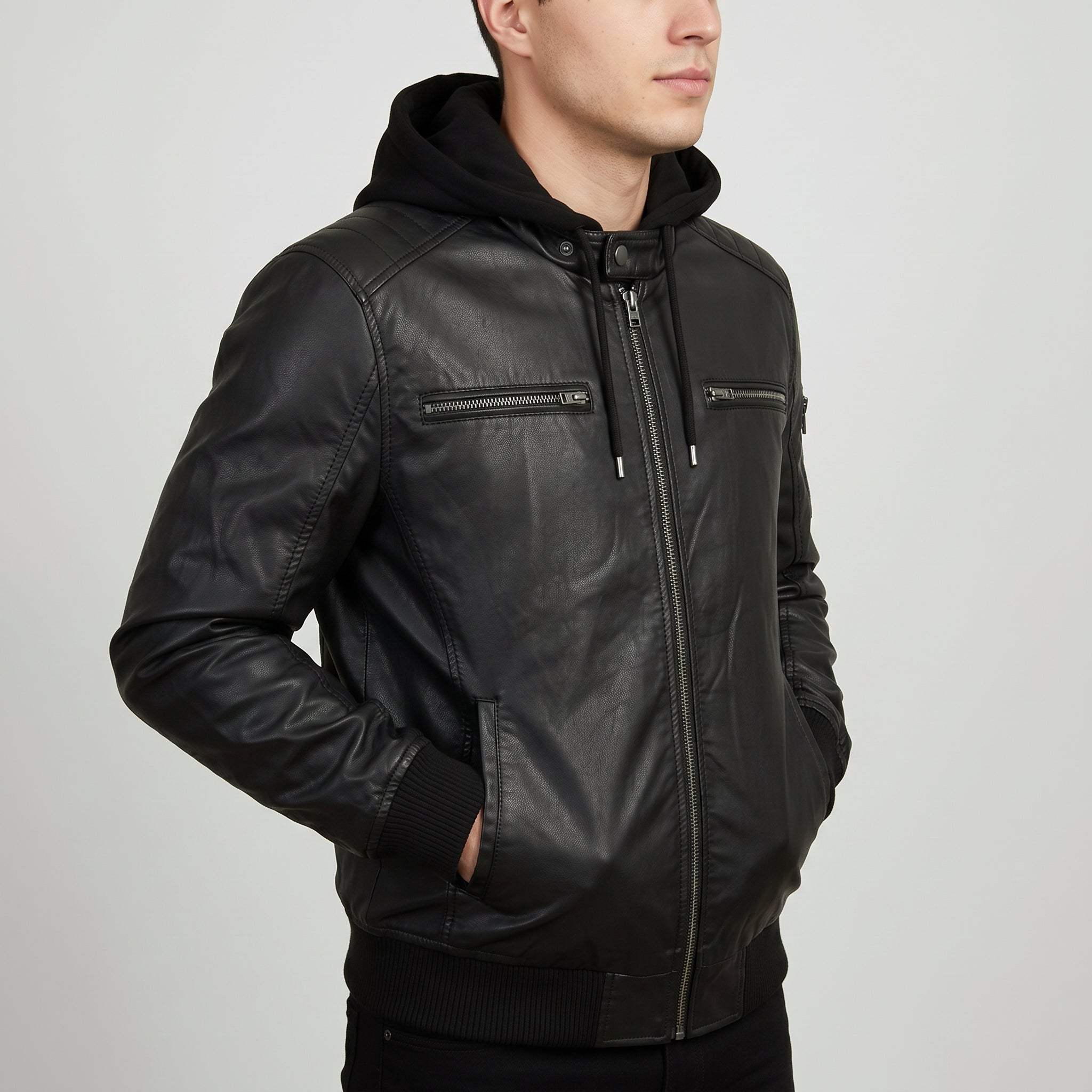 Men's Black Hooded Leather Bomber Jacket — Farrow