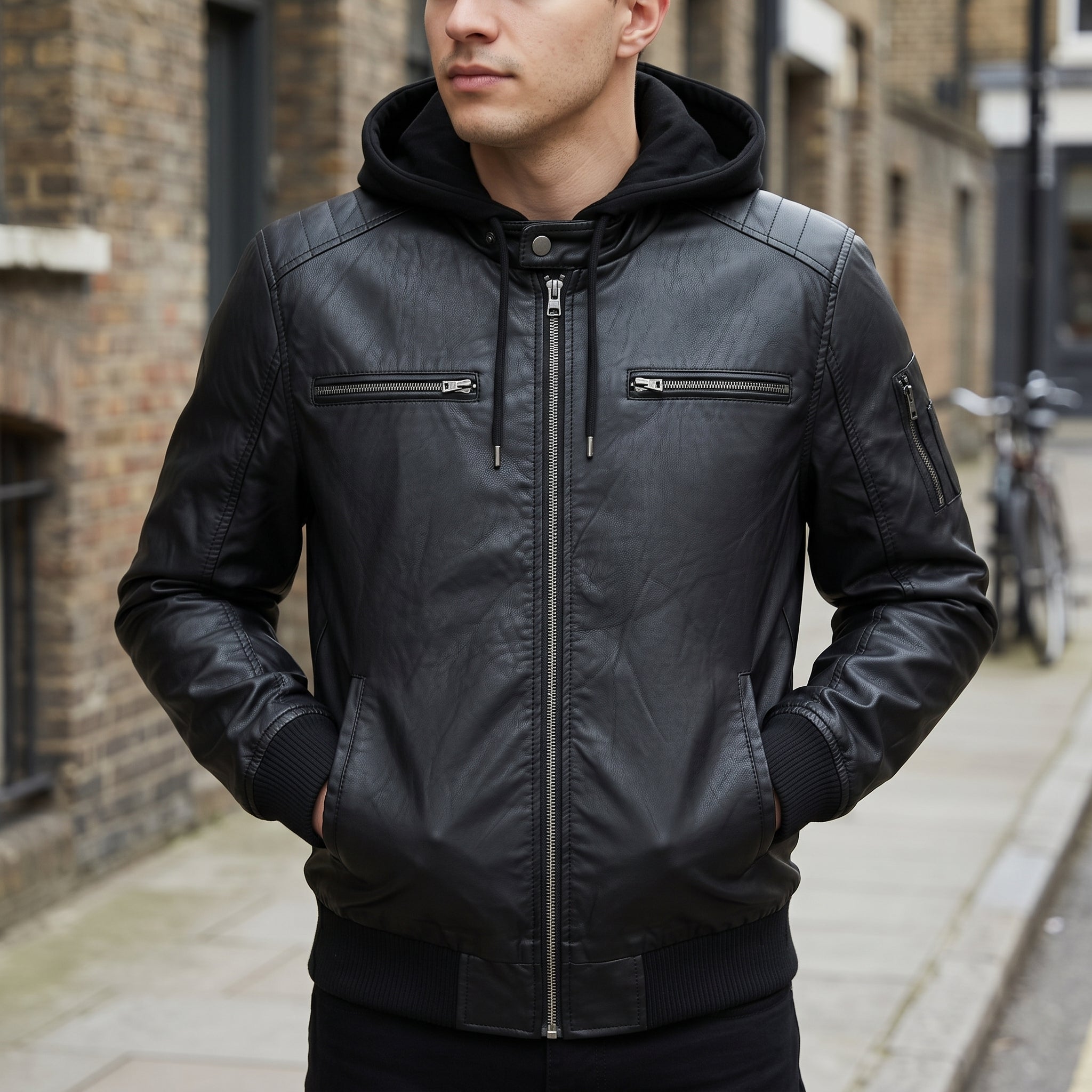Men's Black Hooded Leather Bomber Jacket — Farrow