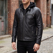 Men's Black Hooded Leather Biker Jacket — Berden