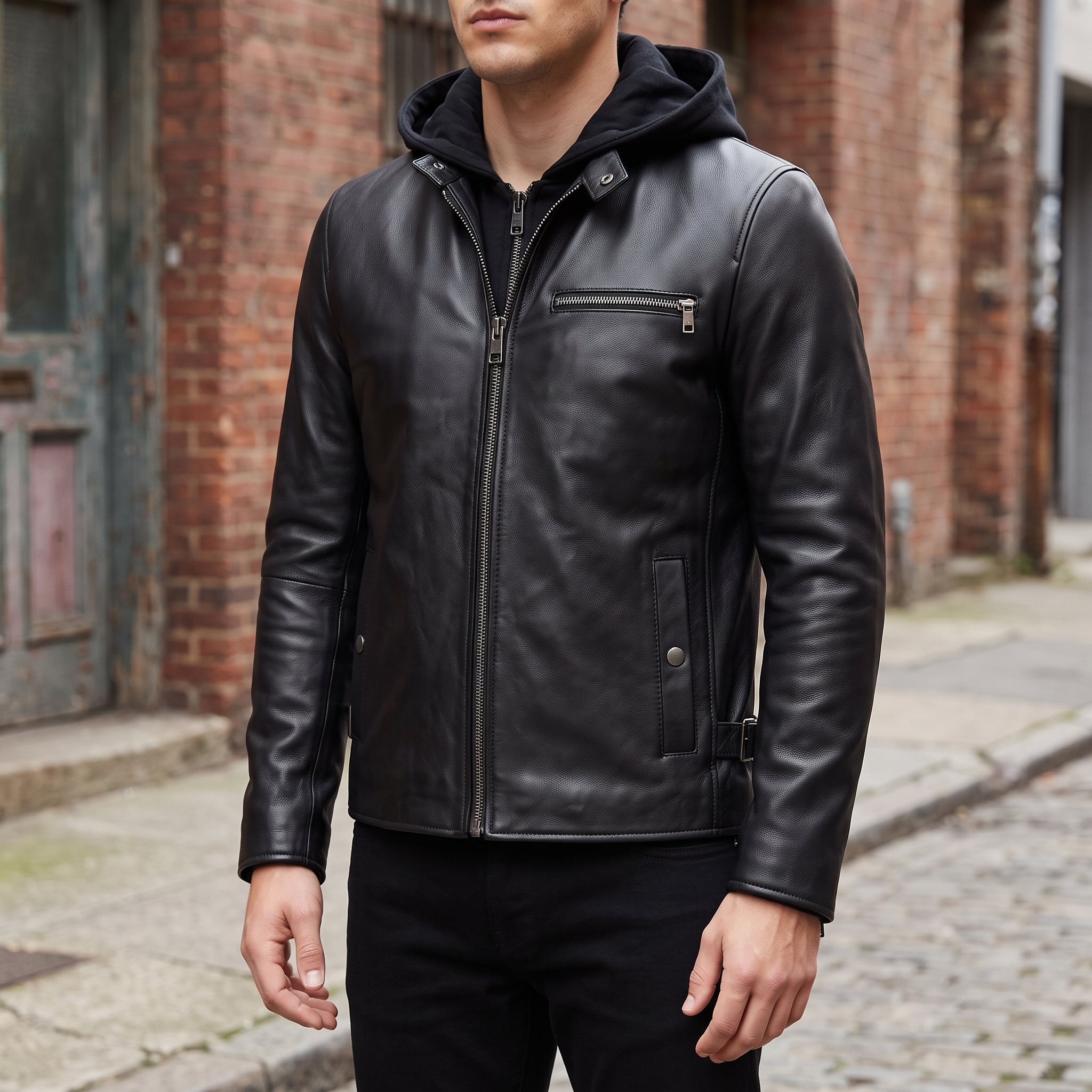 Men's Black Hooded Leather Biker Jacket — Berden