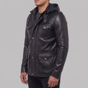 Men's Black Hooded Leather Biker Jacket — Cranshaw