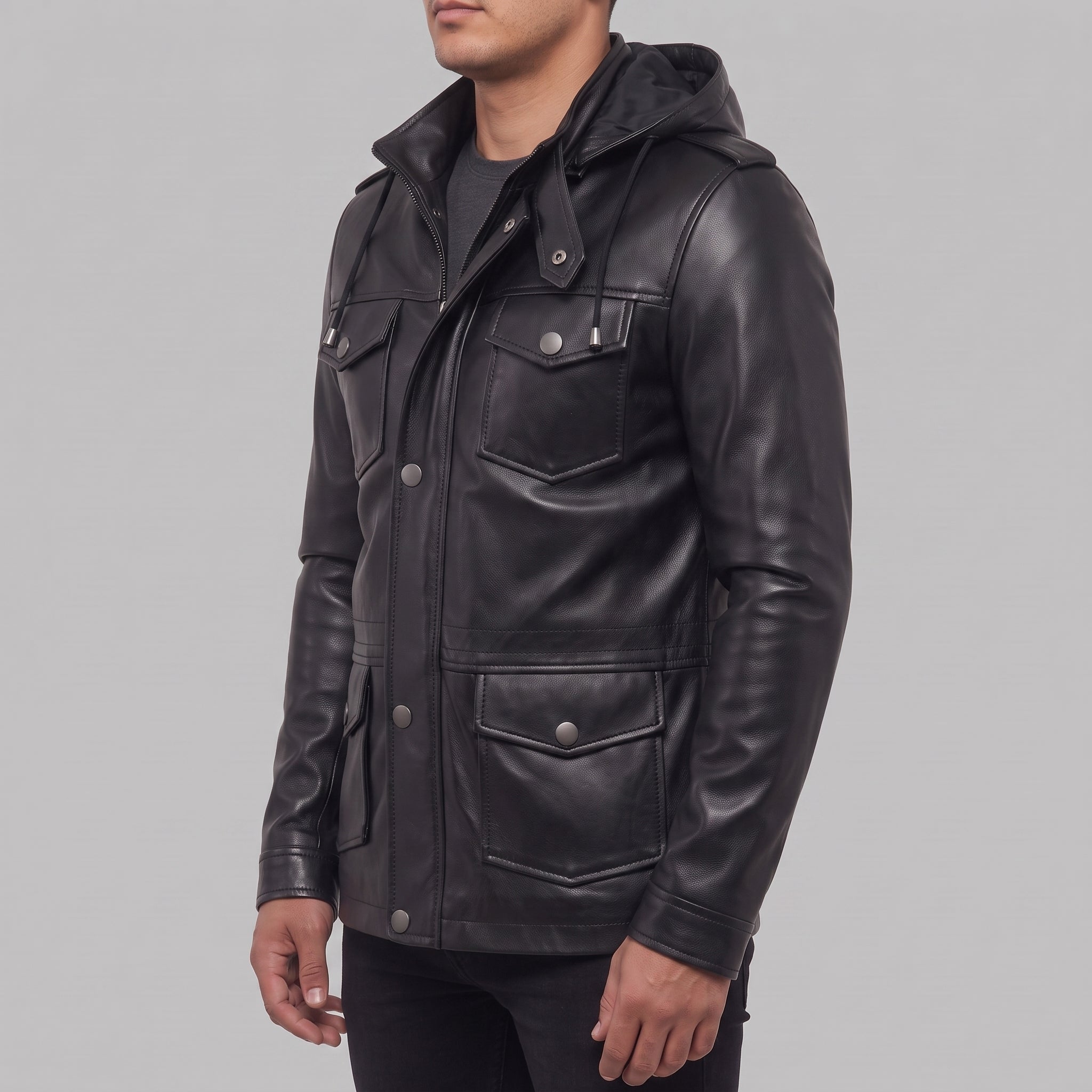 Men's Black Hooded Leather Biker Jacket — Cranshaw