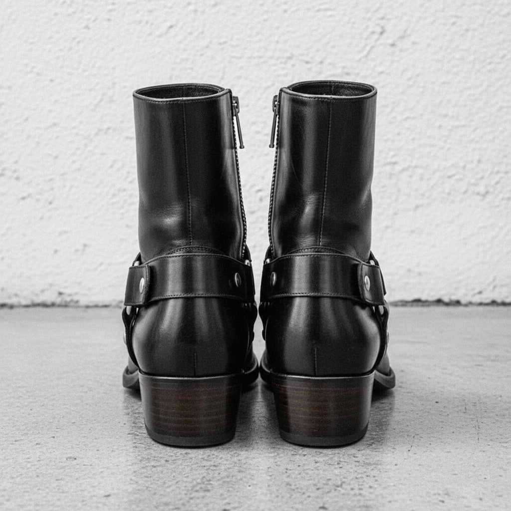 Mens Black Leather Ankle boots, Side zipper boots for men - back-view