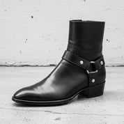Mens Black Leather Ankle boots, Side zipper boots for men - detail-view-showing-texture