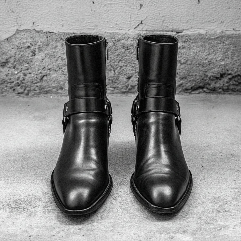 Mens Black Leather Ankle boots, Side zipper boots for men - front-view