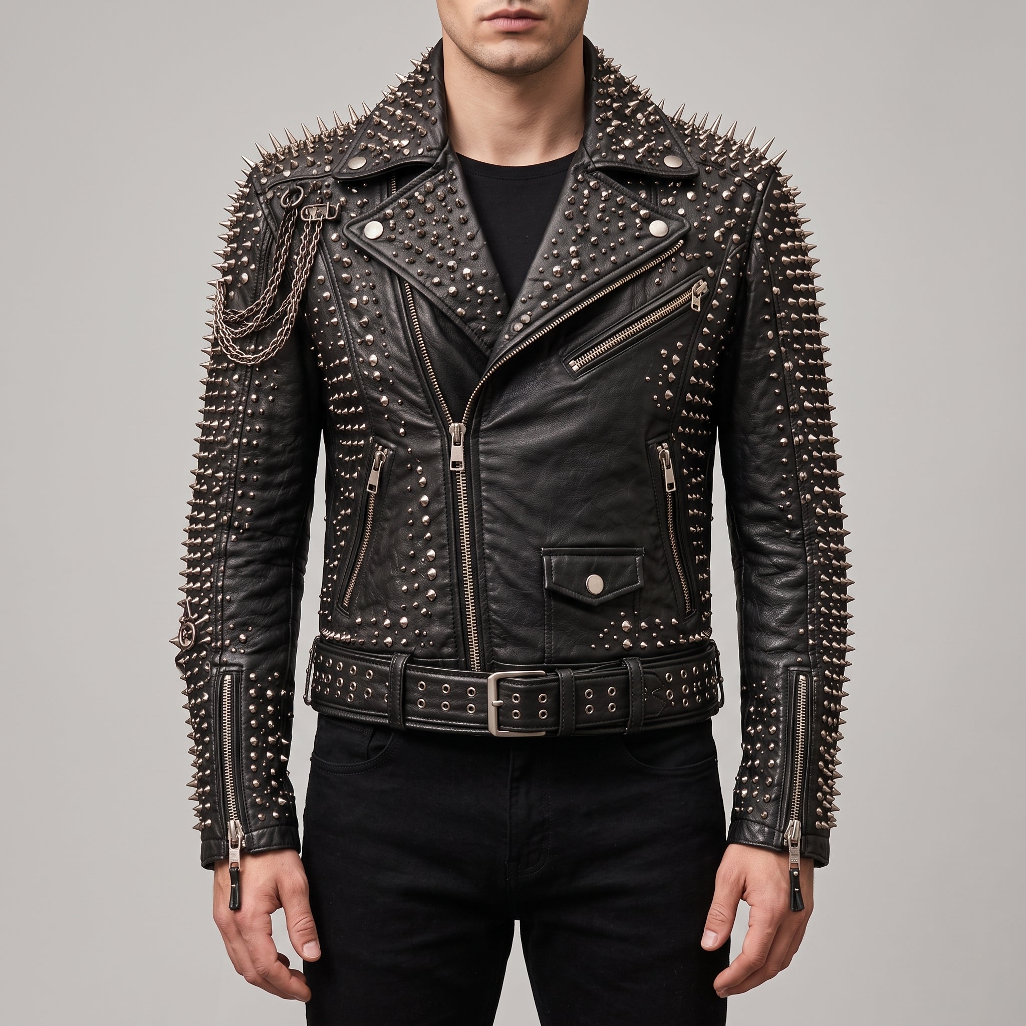 Men's Black Asymmetric-Zip Leather Biker Jacket — Acram