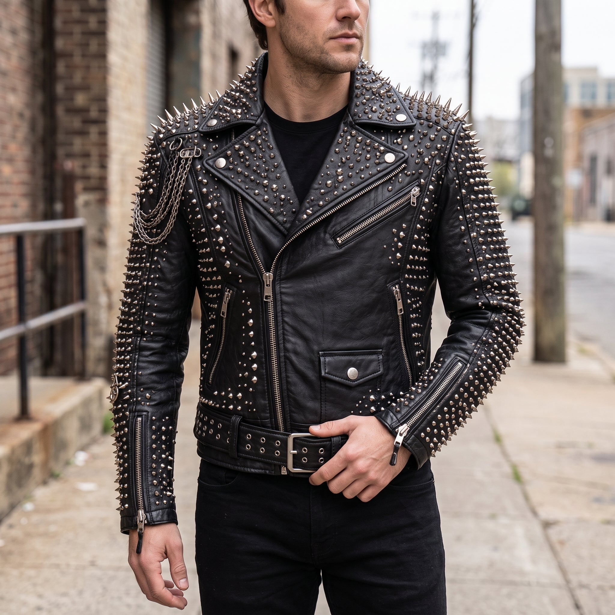 Men's Black Asymmetric-Zip Leather Biker Jacket — Acram