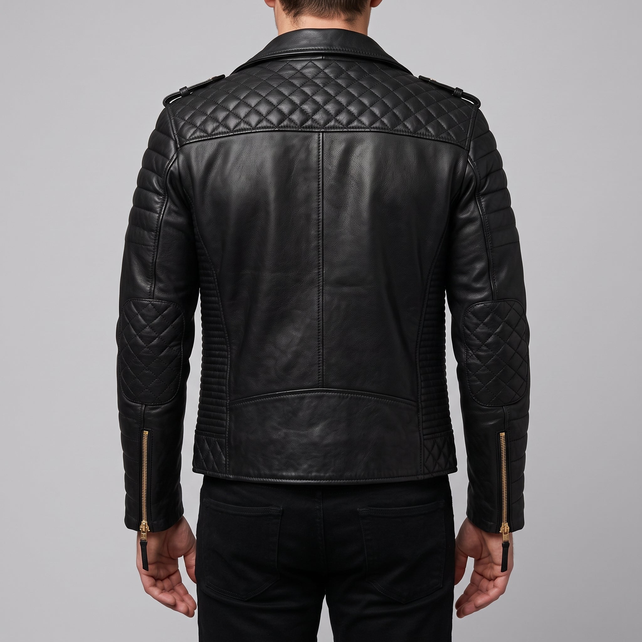 Men's Black Quilted Pebbled Leather Perfecto Biker Jacket — Alington