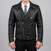 Men's Black Quilted Pebbled Leather Perfecto Biker Jacket — Alington