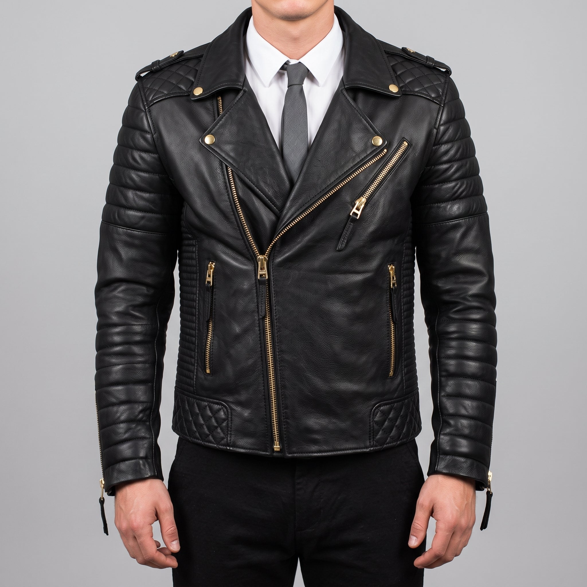 Men's Black Quilted Pebbled Leather Perfecto Biker Jacket — Alington