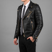 Men's Black Quilted Pebbled Leather Perfecto Biker Jacket — Alington