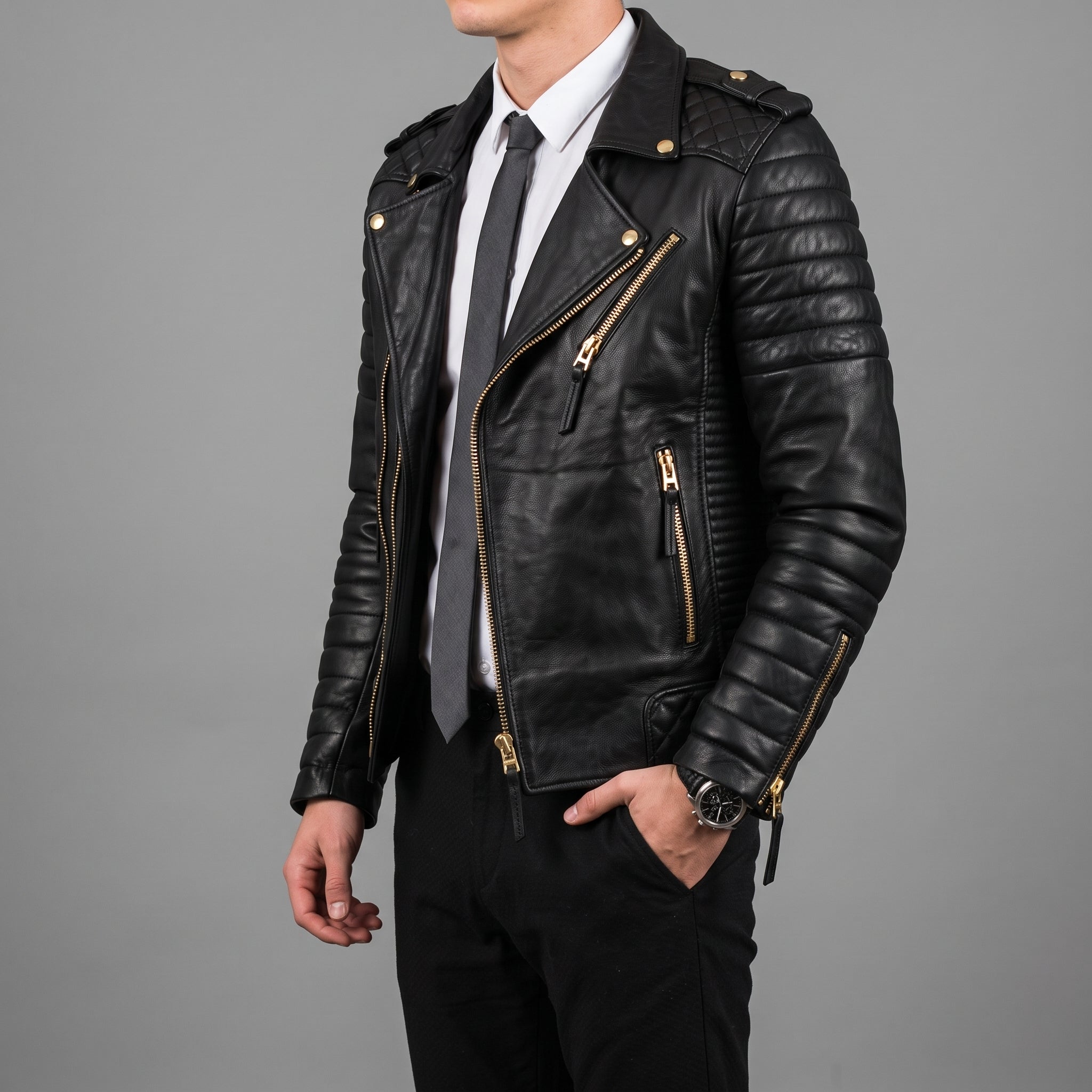Men's Black Quilted Pebbled Leather Perfecto Biker Jacket — Alington