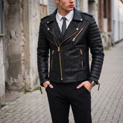 Men's Black Quilted Pebbled Leather Perfecto Biker Jacket — Alington