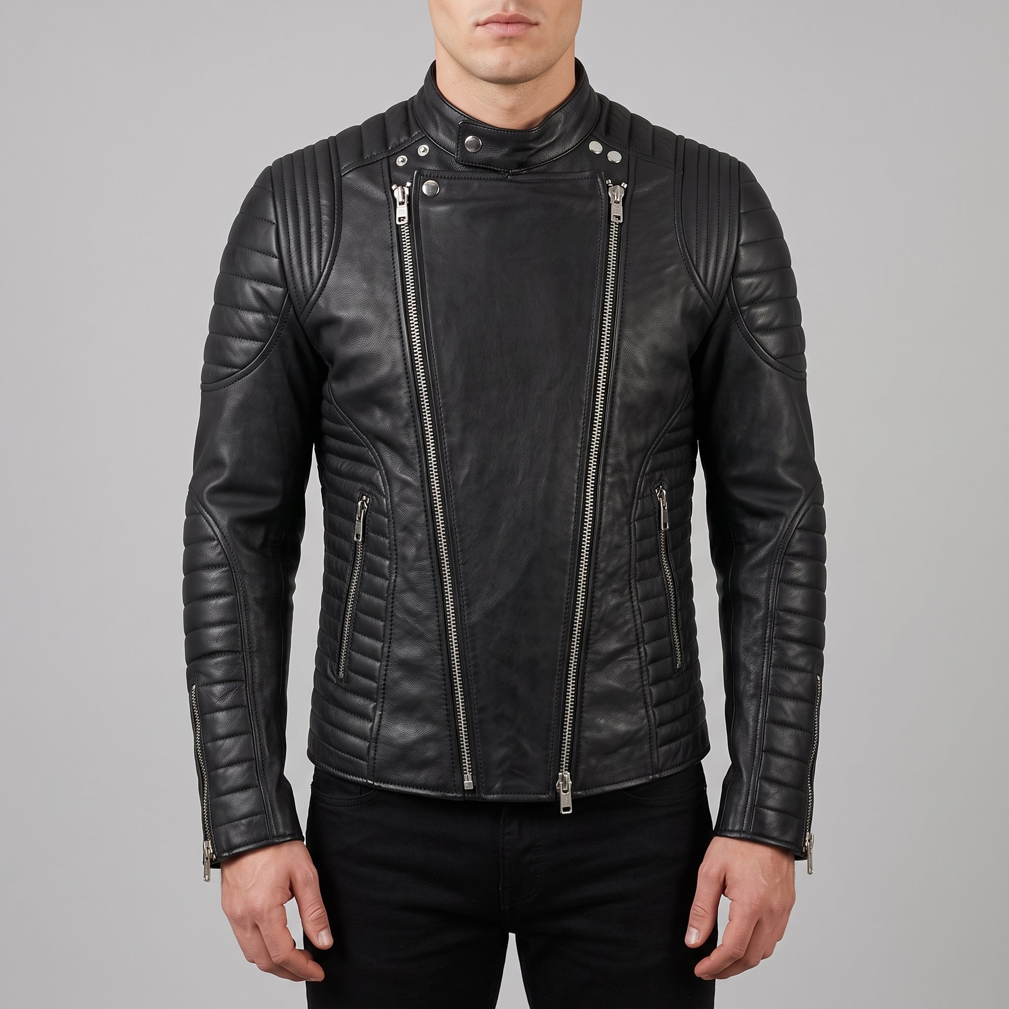 Men's Black Leather Biker Jacket — Ampleforth