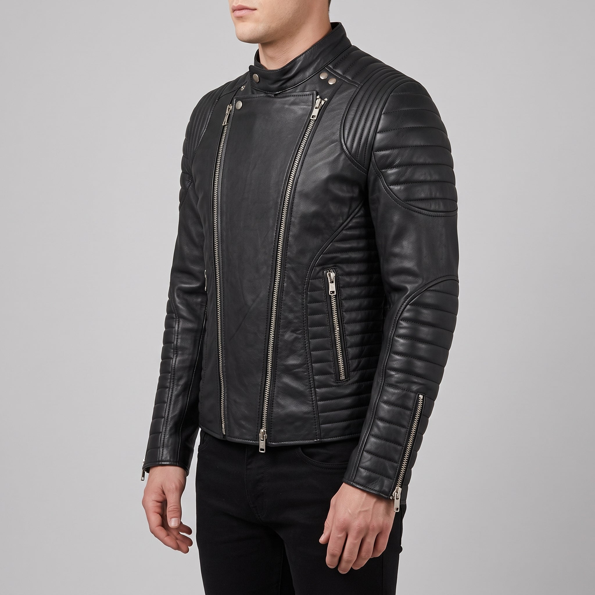 Men's Black Leather Biker Jacket — Ampleforth
