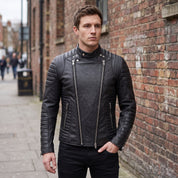 Men's Black Leather Biker Jacket — Ampleforth