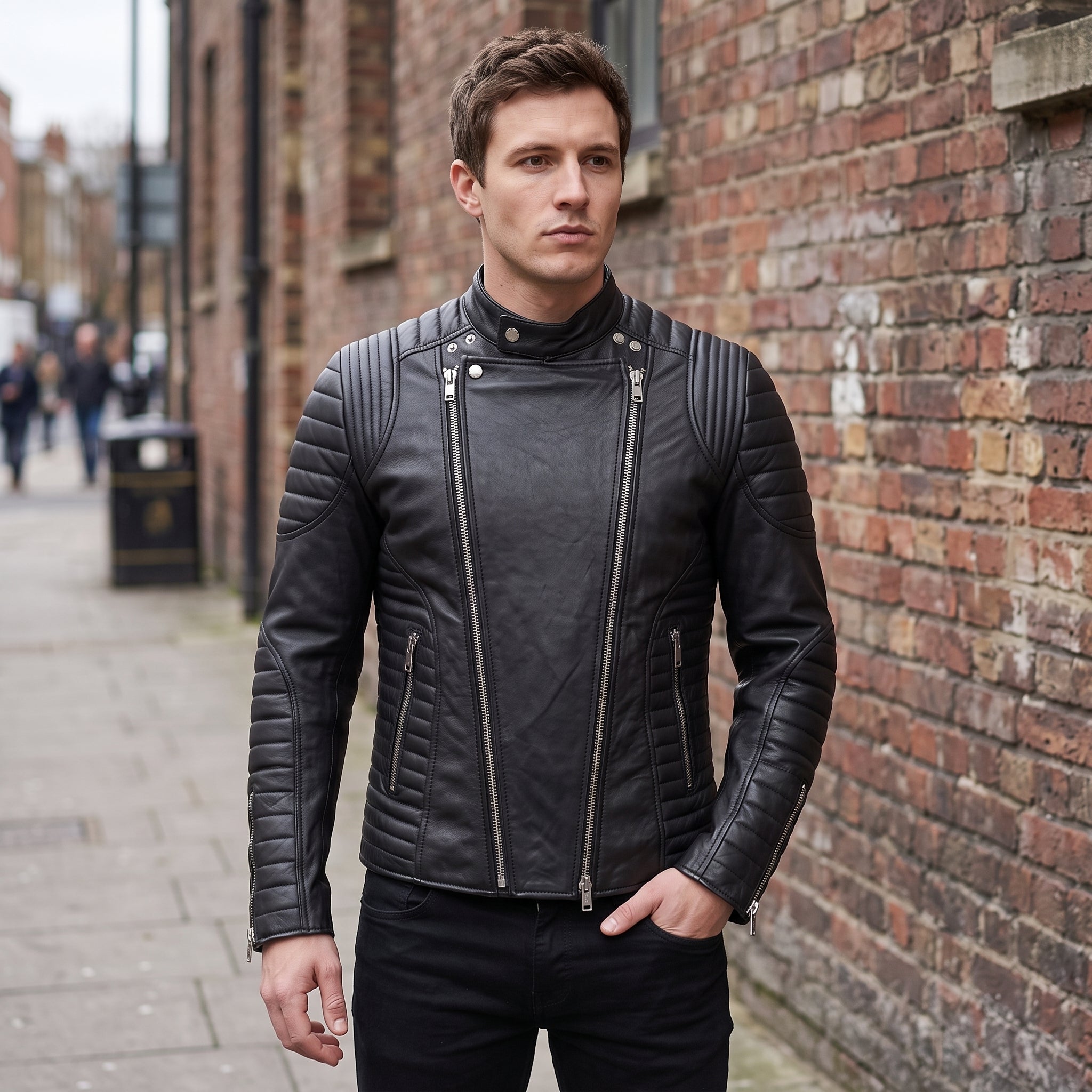 Men's Black Leather Biker Jacket — Ampleforth
