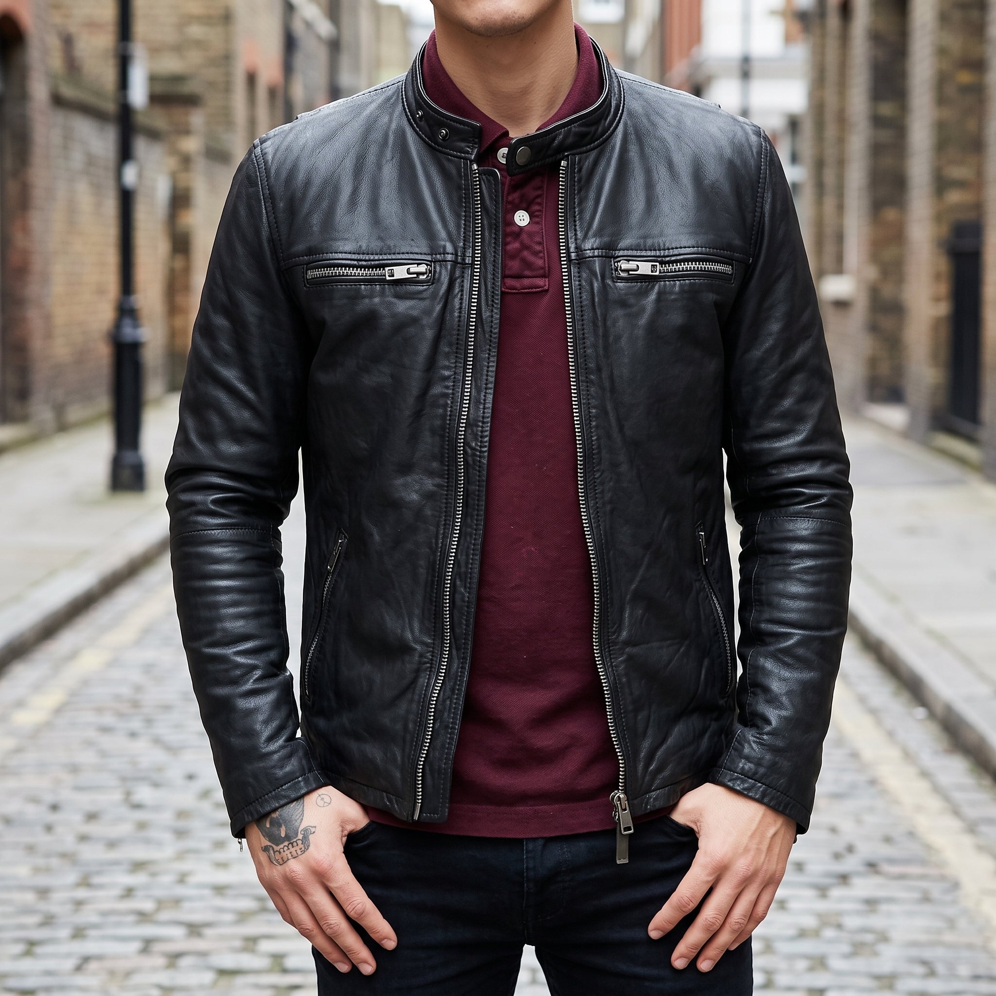 Men's Black Leather Cafe Racer Jacket — Appleford