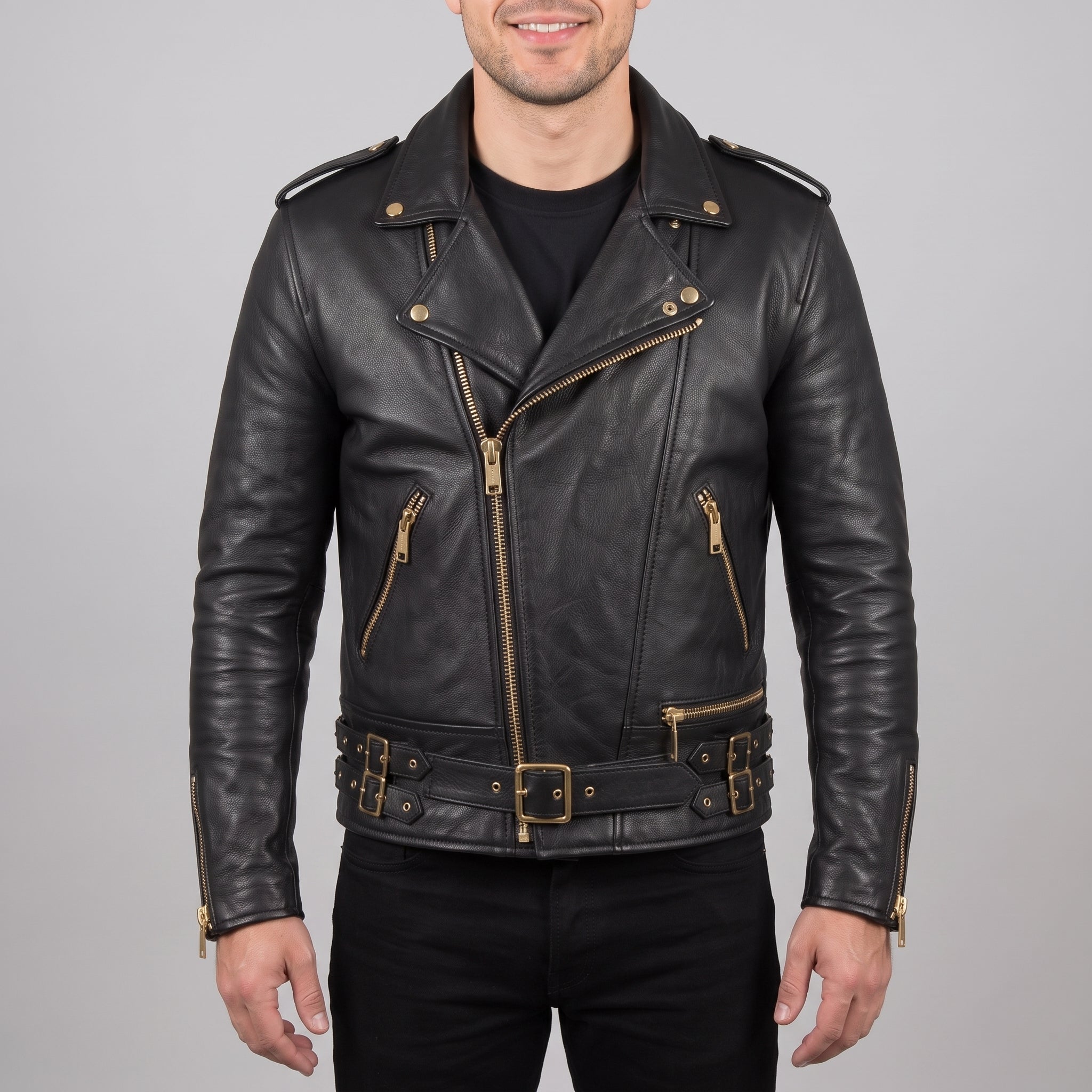 Men's Black Leather Biker Jacket — Bagnall