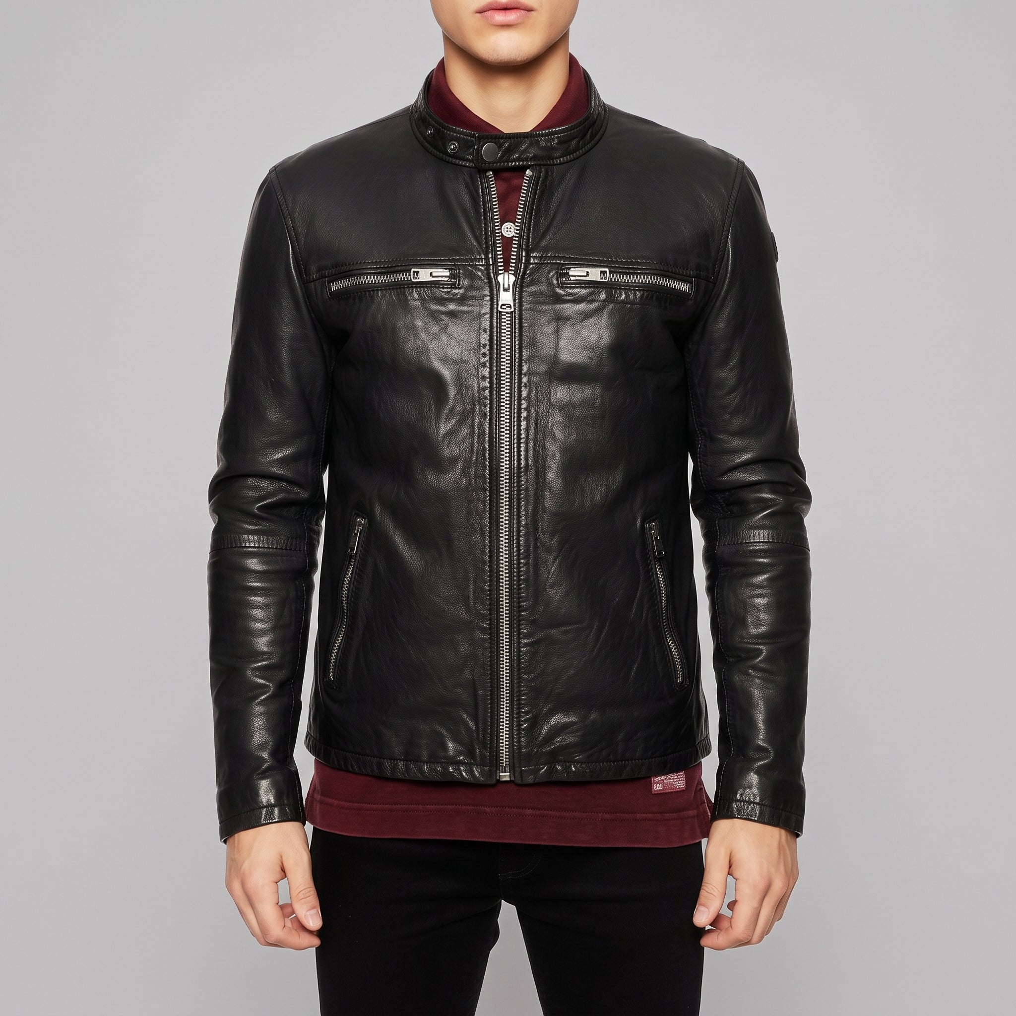 Men's Black Leather Cafe Racer Jacket — Beighton