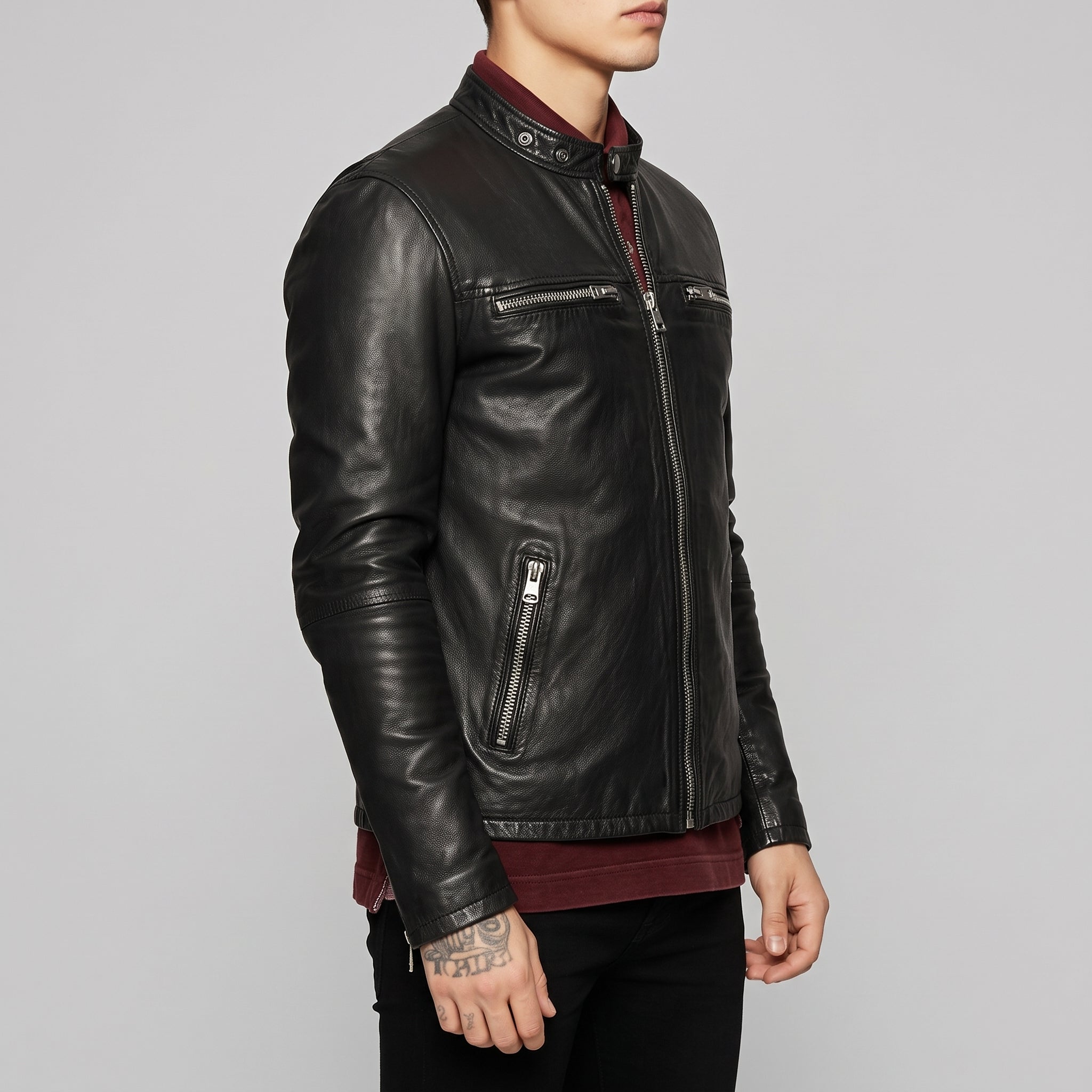 Men's Black Leather Cafe Racer Jacket — Beighton