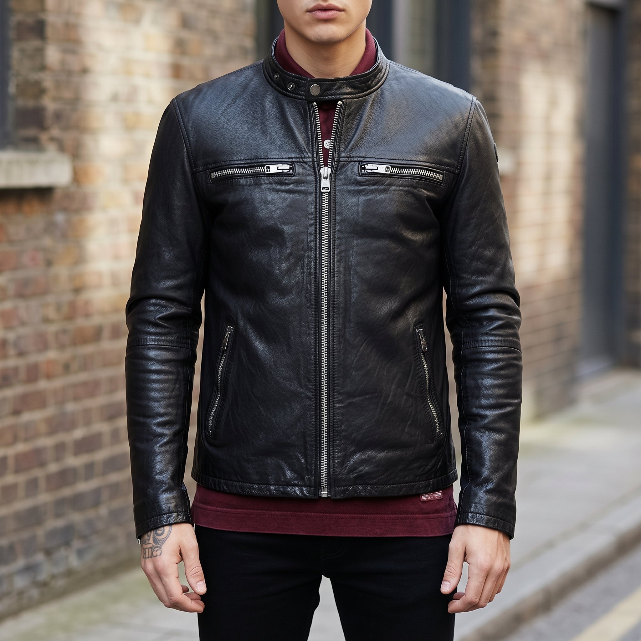Men's Black Leather Cafe Racer Jacket — Beighton