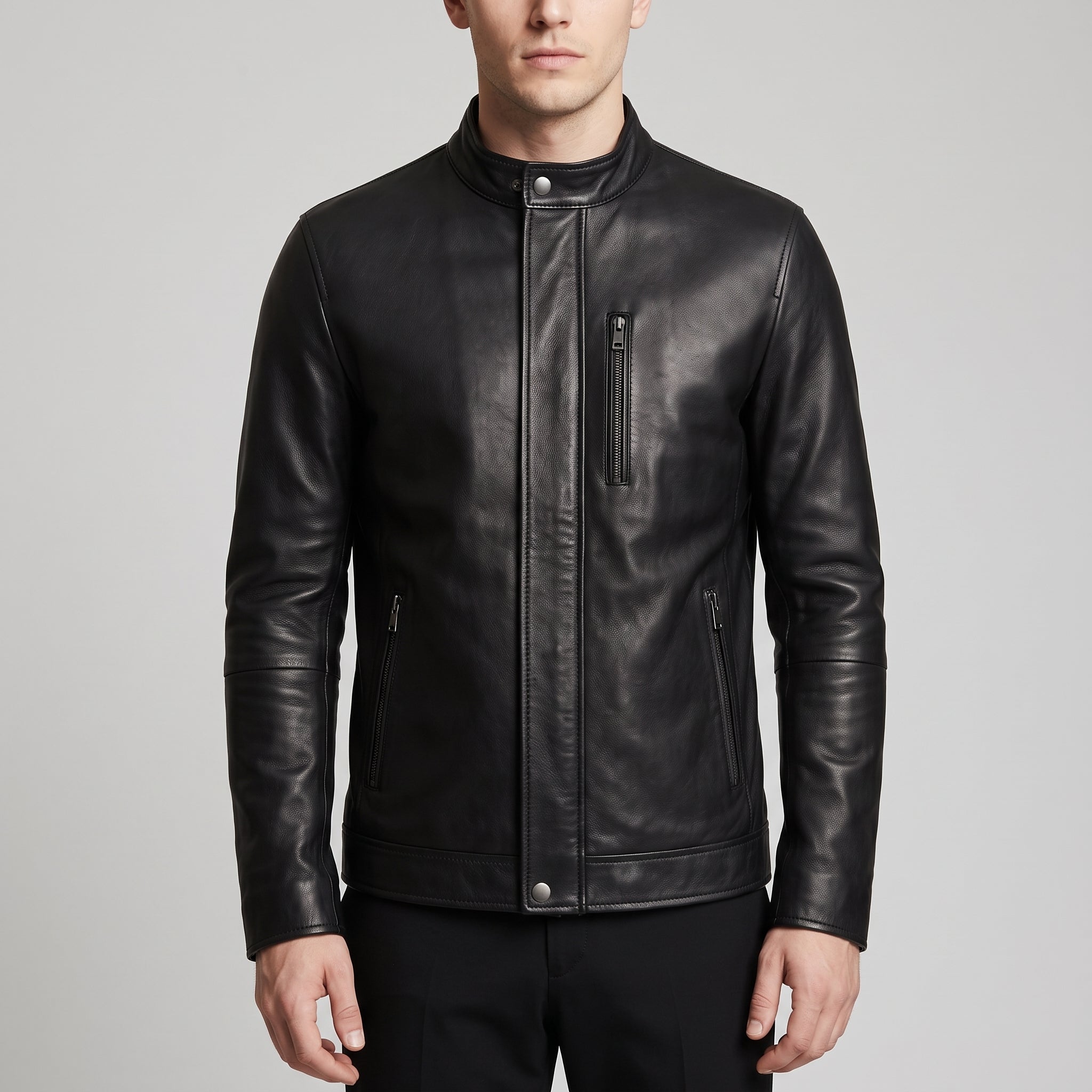 Men's Black Leather Biker Jacket — Belstone