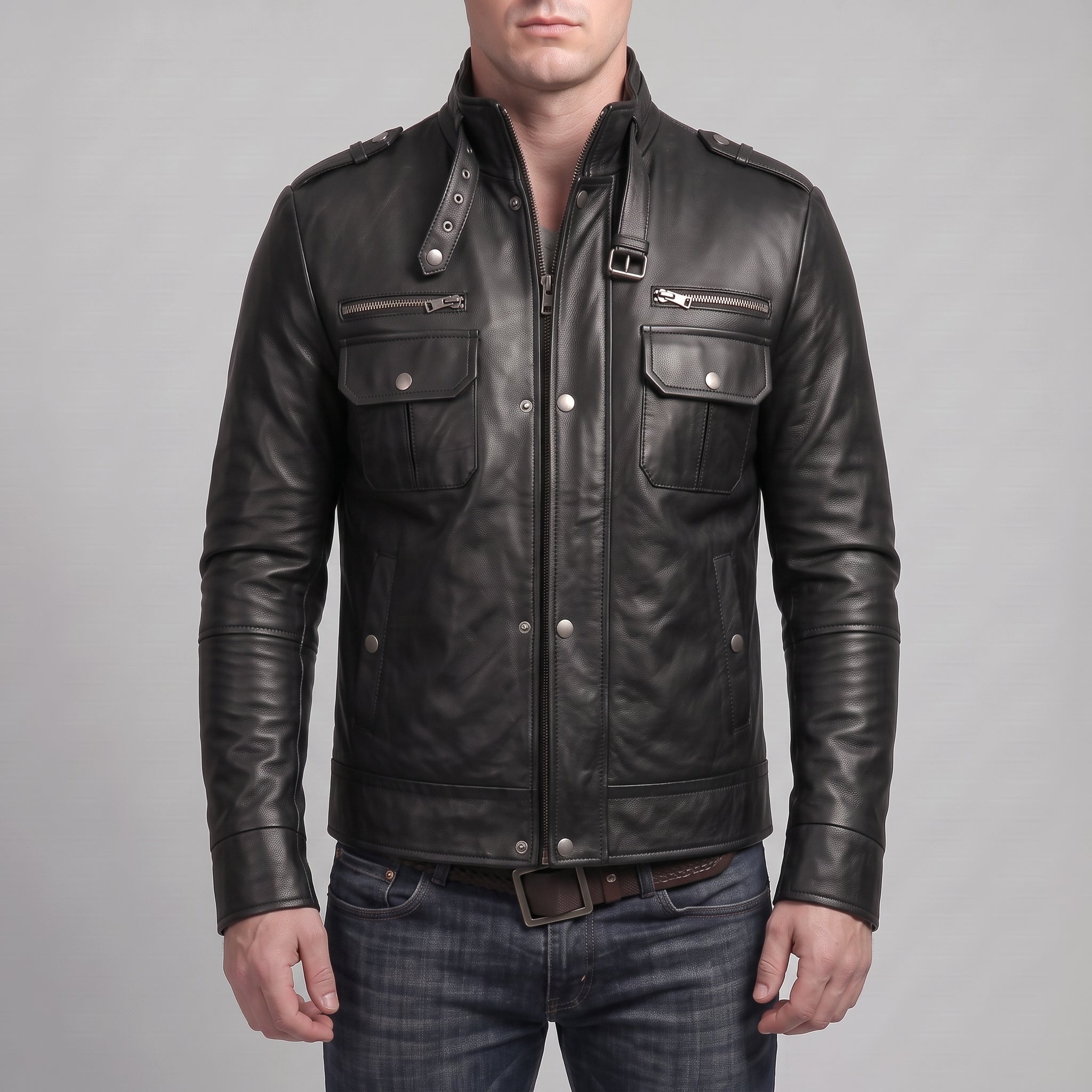 Men's Black Leather Biker Jacket — Benedict