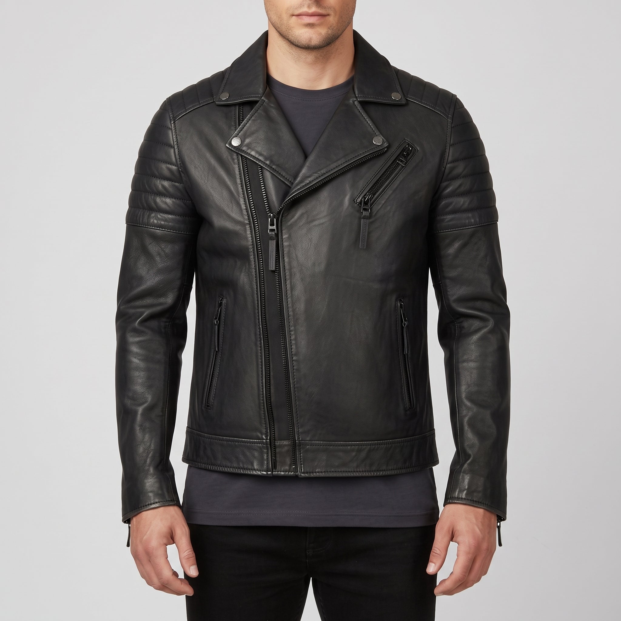 Men's Black Leather Biker Jacket — Bevington