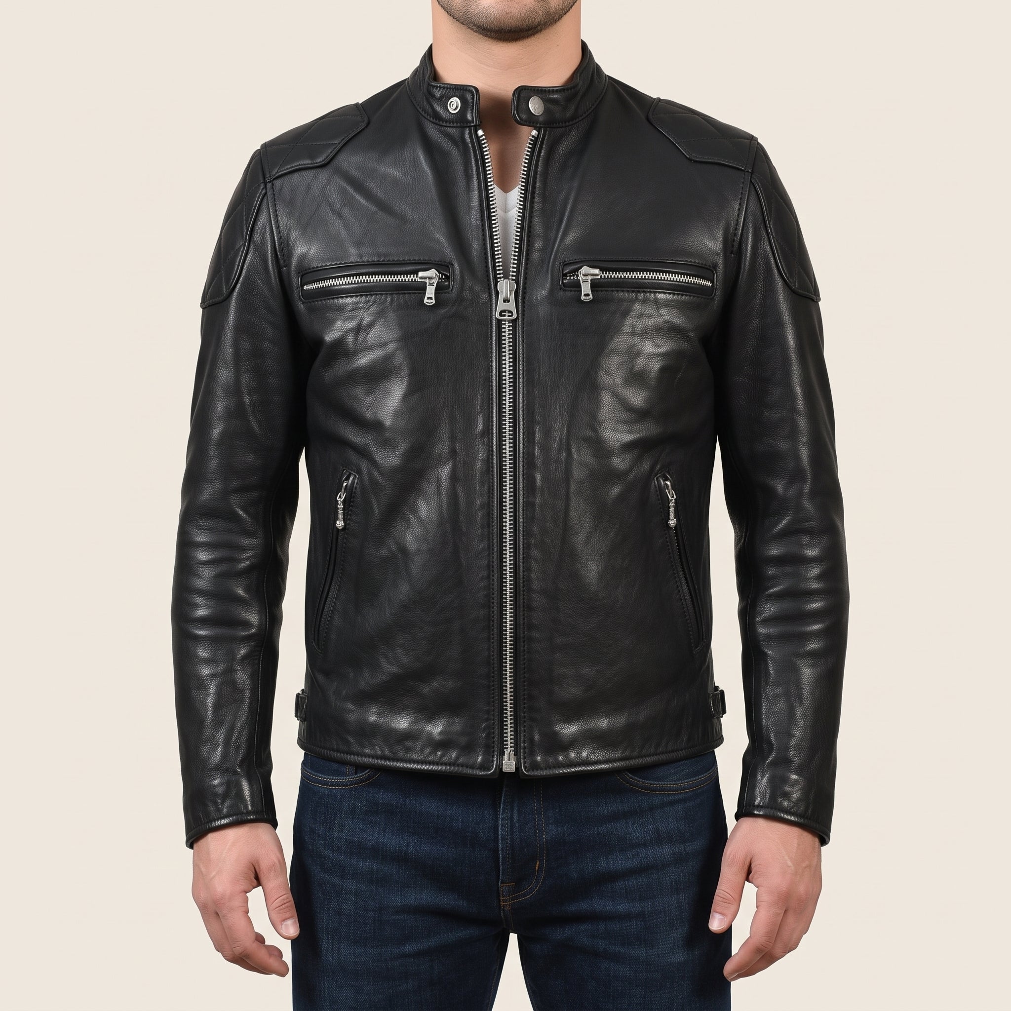 Men's Black Leather Cafe Racer Jacket — Bickleigh