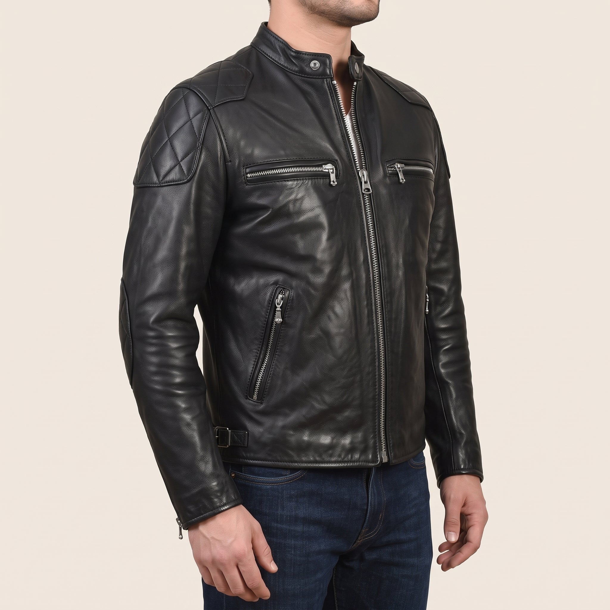 Men's Black Leather Cafe Racer Jacket — Bickleigh