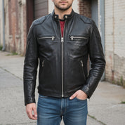 Men's Black Leather Cafe Racer Jacket — Bickleigh