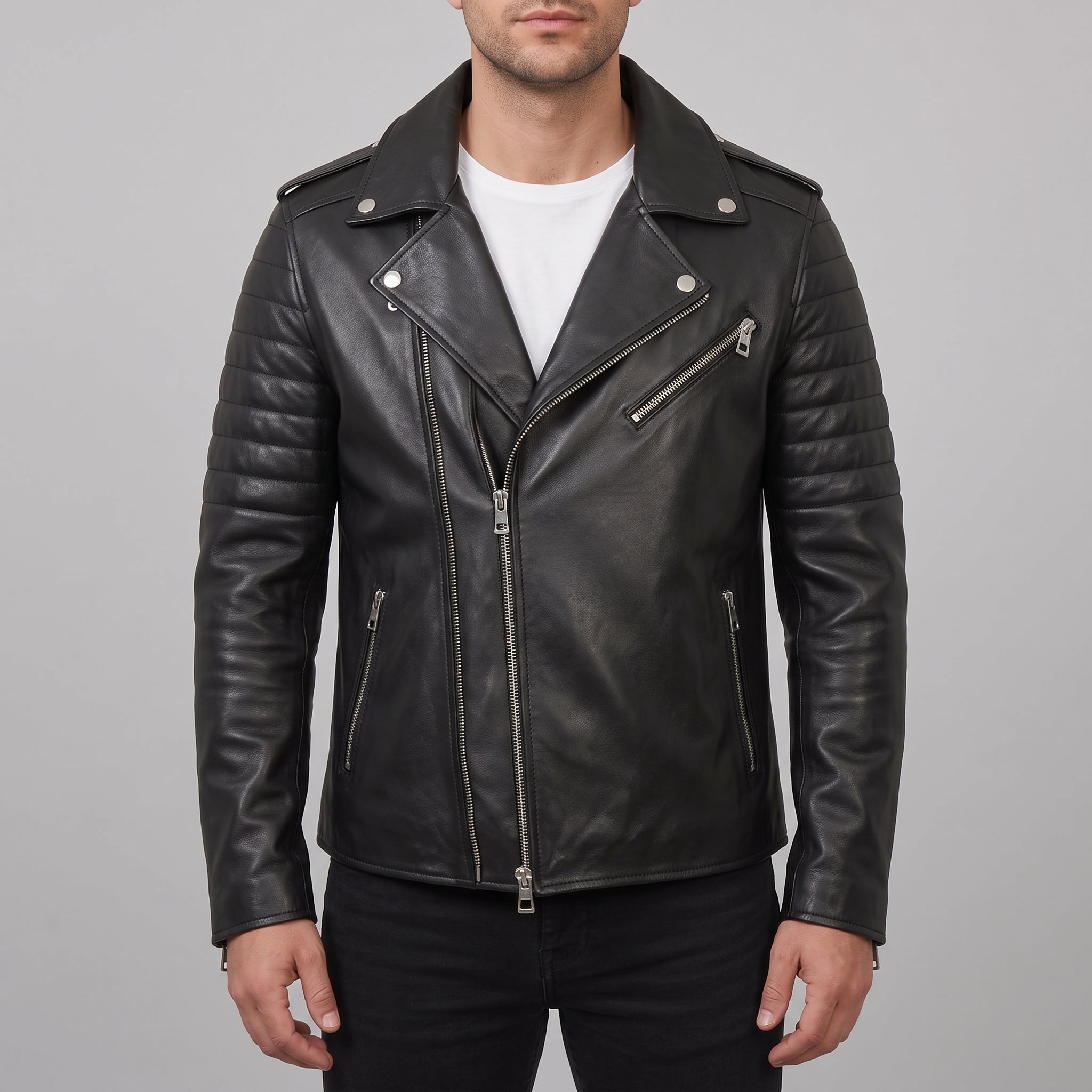 Men's Black Leather Biker Jacket — Bickley