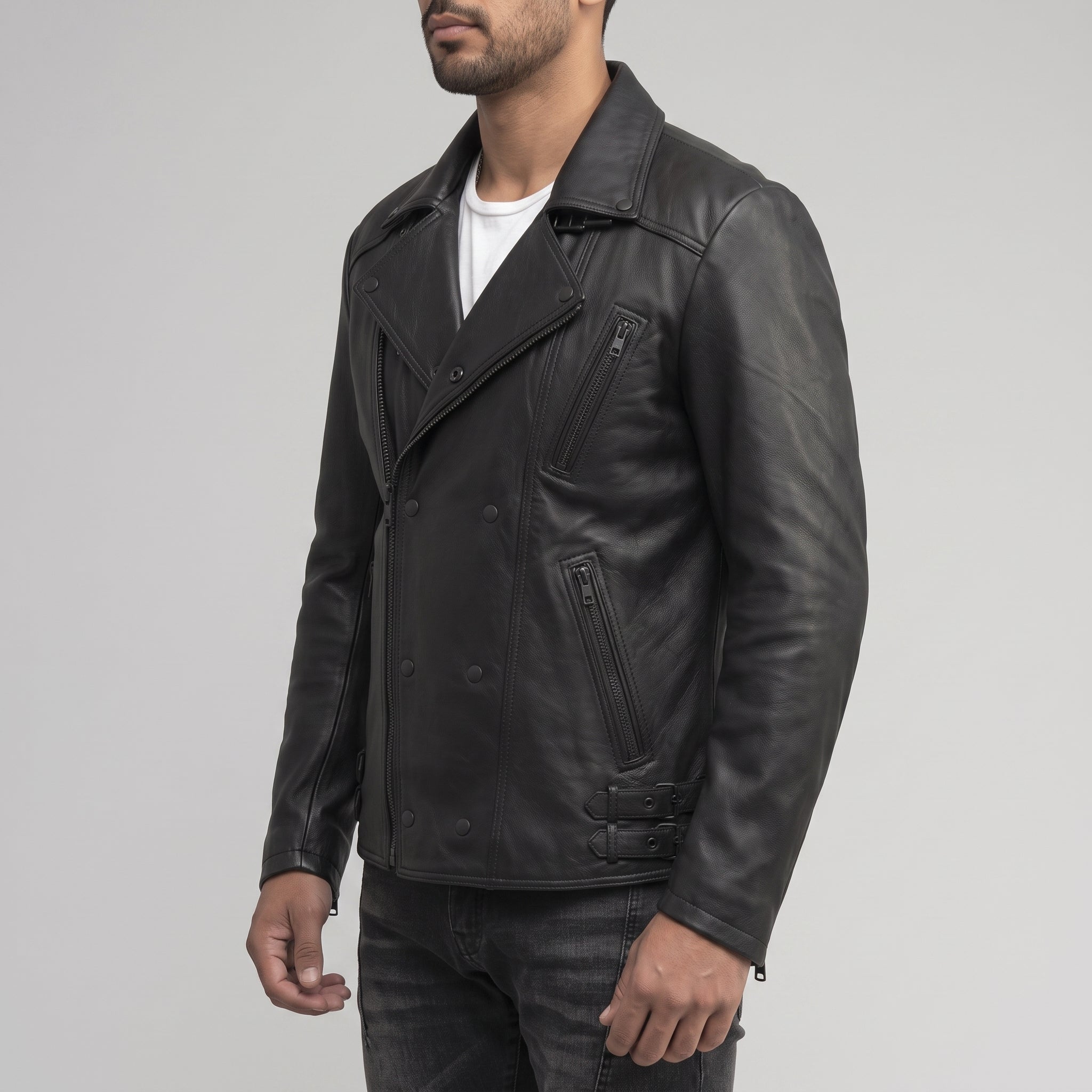 Men's Black Leather Biker Jacket — Bicton