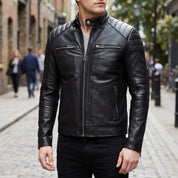 Men's Black Leather Biker Jacket — Branton