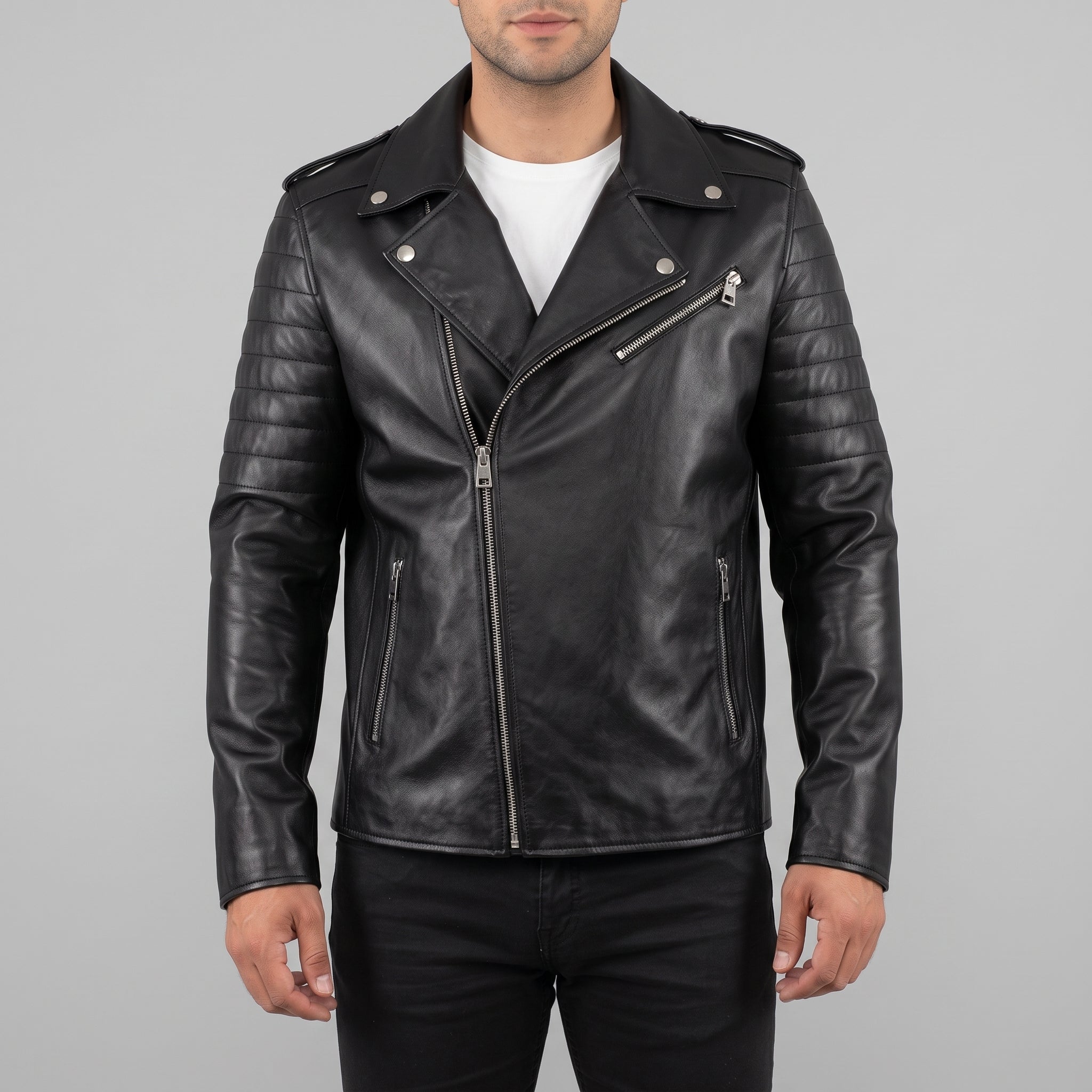 Men's Black Leather Biker Jacket — Bridgend