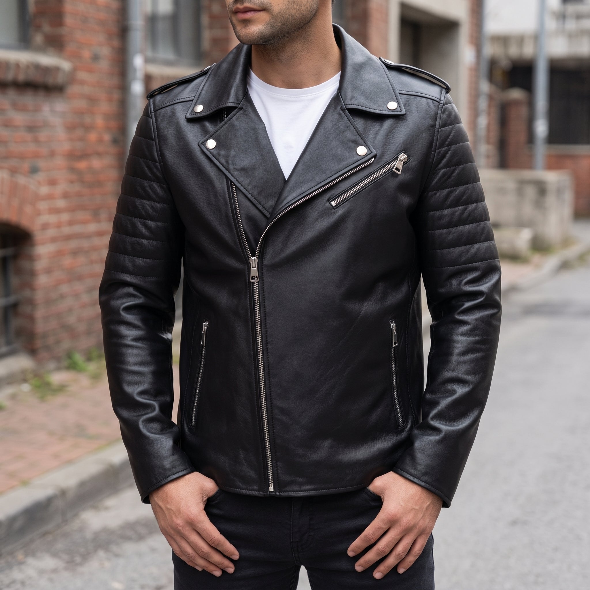 Men's Black Leather Biker Jacket — Bridgend