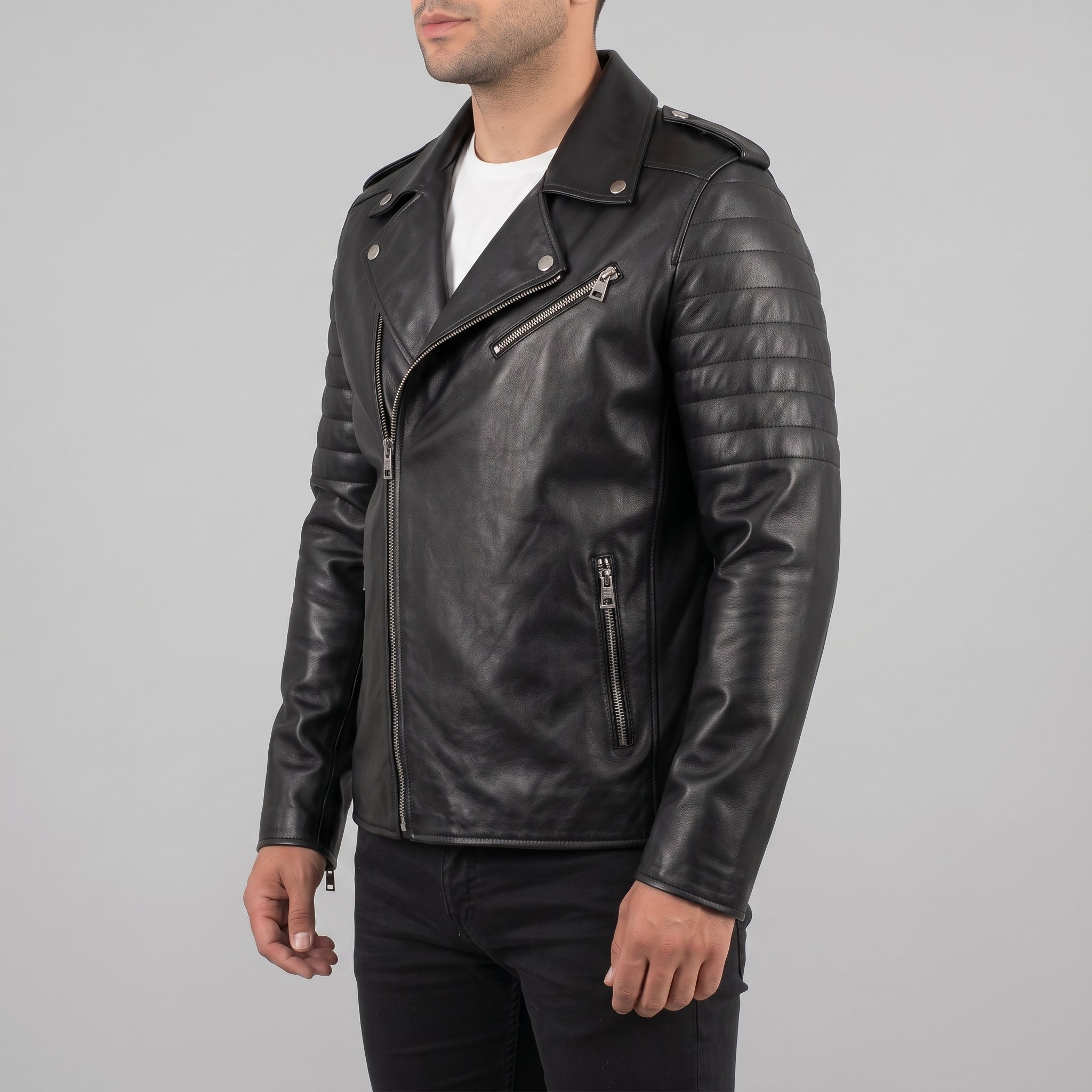Men's Black Leather Biker Jacket — Bridgend
