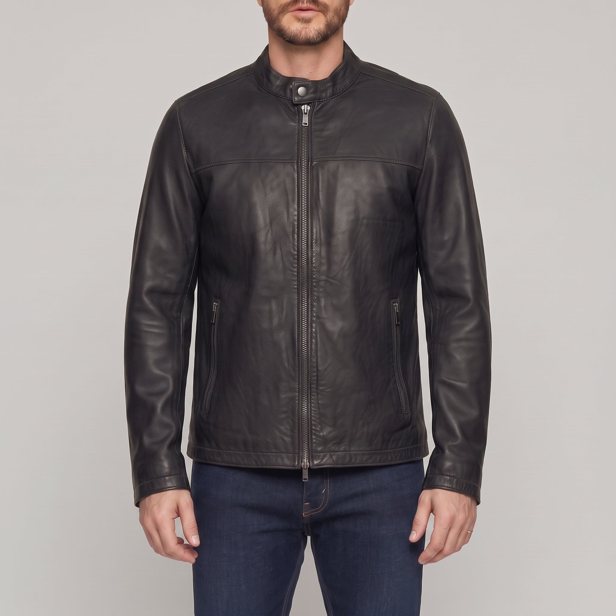 Men's Black Leather Biker Jacket — Chipley