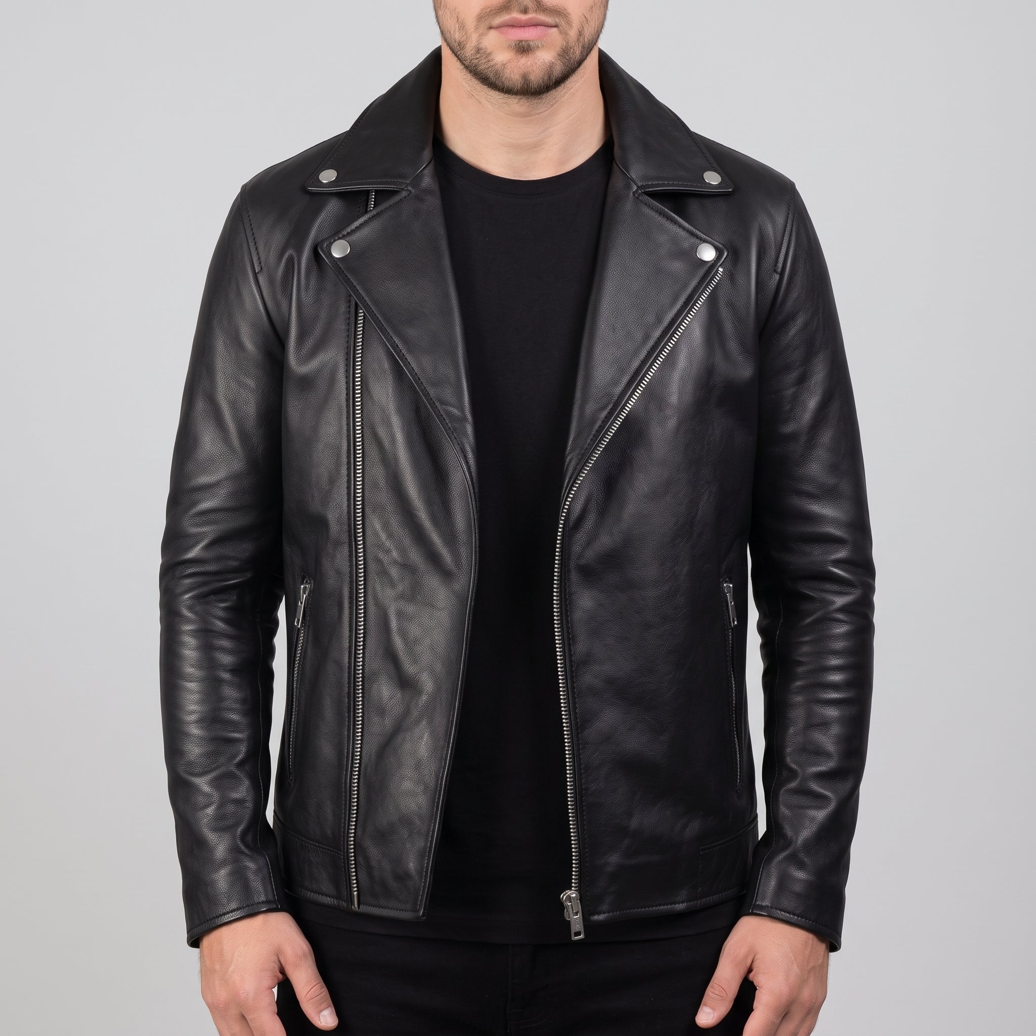 Men's Black Leather Biker Jacket — Claverley