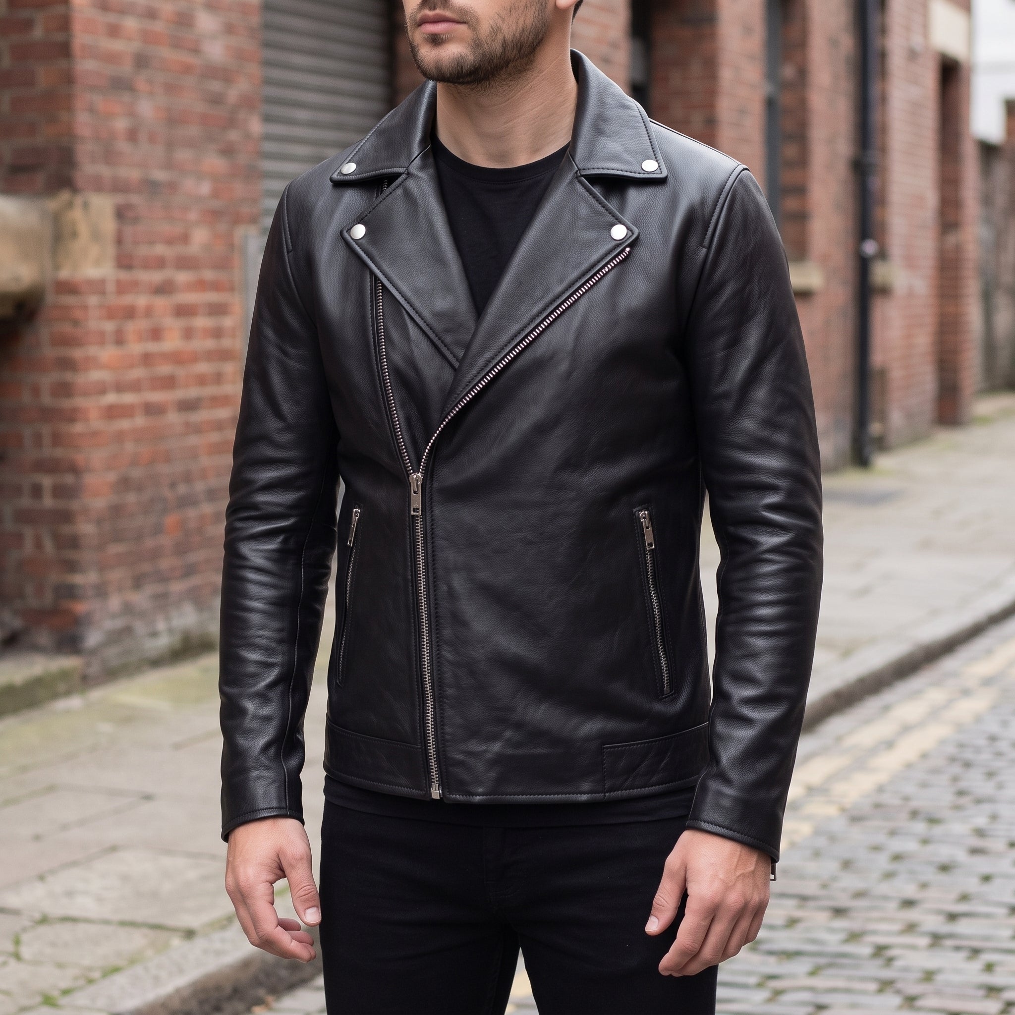 Men's Black Leather Biker Jacket — Claverley